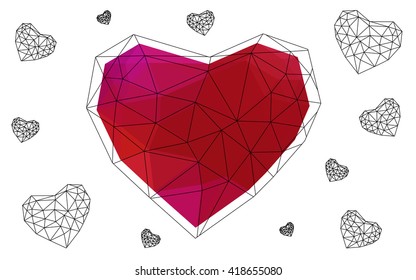 Light red heart isolated on white background. Geometric rumpled triangular low poly origami style gradient graphic illustration. Vector polygonal design for your business.