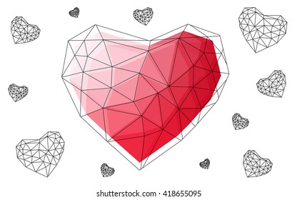 Light red heart isolated on white background. Geometric rumpled triangular low poly origami style gradient graphic illustration. Vector polygonal design for your business.