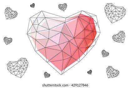 Light red heart isolated on white background. Geometric rumpled triangular low poly origami style gradient graphic illustration. Vector polygonal design for your business.