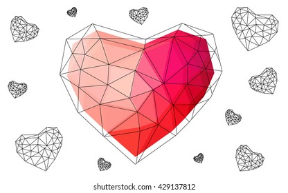 Light red heart isolated on white background. Geometric rumpled triangular low poly origami style gradient graphic illustration. Vector polygonal design for your business.