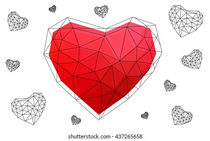 Light red heart isolated on white background. Geometric rumpled triangular low poly origami style gradient graphic illustration. Vector polygonal design for your business.