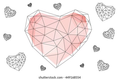 Light red heart isolated on white background. Geometric rumpled triangular low poly origami style gradient graphic illustration. Vector polygonal design for your business.