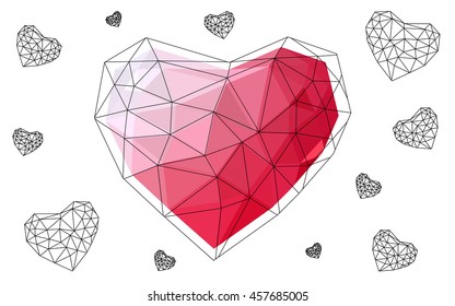 Light red heart isolated on white background. Geometric rumpled triangular low poly origami style gradient graphic illustration. Vector polygonal design for your business.