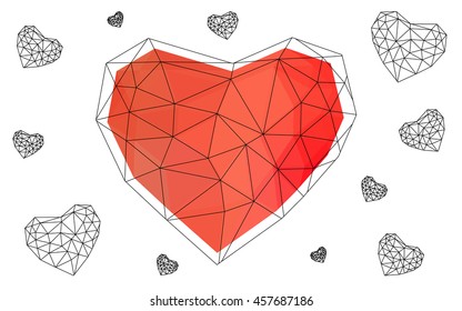 Light red heart isolated on white background. Geometric rumpled triangular low poly origami style gradient graphic illustration. Vector polygonal design for your business.