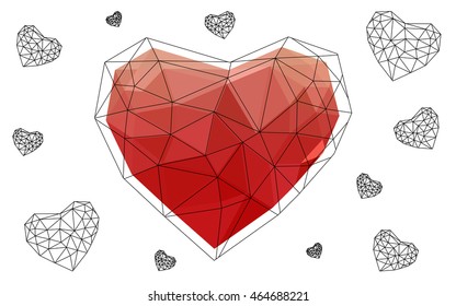 Light red heart isolated on white background. Geometric rumpled triangular low poly origami style gradient graphic illustration. Vector polygonal design for your business.