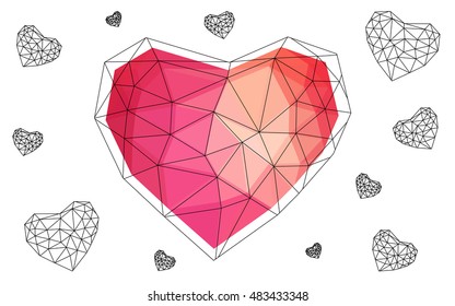Light red heart isolated on white background. Geometric rumpled triangular low poly origami style gradient graphic illustration. Vector polygonal design for your business.