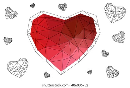 Light red heart isolated on white background. Geometric rumpled triangular low poly origami style gradient graphic illustration. Vector polygonal design for your business.