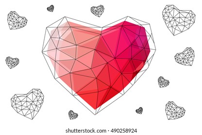 Light red heart isolated on white background. Geometric rumpled triangular low poly origami style gradient graphic illustration. Vector polygonal design for your business.