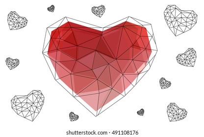 Light red heart isolated on white background. Geometric rumpled triangular low poly origami style gradient graphic illustration. Vector polygonal design for your business.