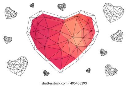 Light red heart isolated on white background. Geometric rumpled triangular low poly origami style gradient graphic illustration. Vector polygonal design for your business.