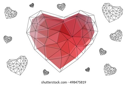 Light red heart isolated on white background. Geometric rumpled triangular low poly origami style gradient graphic illustration. Vector polygonal design for your business.
