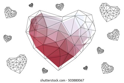 Light red heart isolated on white background. Geometric rumpled triangular low poly origami style gradient graphic illustration. Vector polygonal design for your business.