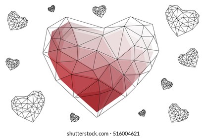 Light red heart isolated on white background. Geometric rumpled triangular low poly origami style gradient graphic illustration. Vector polygonal design for your business.