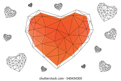 Light red heart isolated on white background. Geometric rumpled triangular low poly origami style gradient graphic illustration. Vector polygonal design for your business.