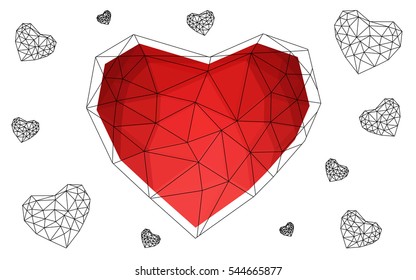 Light red heart isolated on white background. Geometric rumpled triangular low poly origami style gradient graphic illustration. Vector polygonal design for your business.
