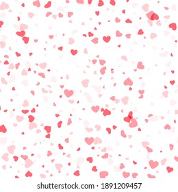 Los corazones rojos claros se confían en el fondo blanco. Símbolo de amor. Día de San Valentín. Tarjeta, volante, plantilla de afiches. Ilustración vectorial.