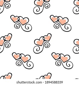  
Light red hearts with curls on a white background. Seamless pattern with openwork elements. Stylish swirls vector illustration for your business design.