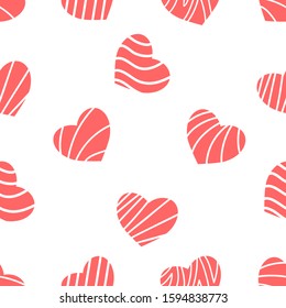Light red hearts with different striped pattern on white background. Seamless pattern for Valentine day.