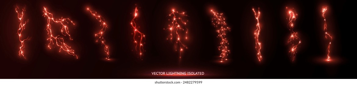 Vector aislado rojo claro rayo png. Efecto de rayo rojo natural realista Tormenta de trueno. Fuerza Recargo de energía Trueno. Luz del rayo de Blitz Thunder enciende destello de tormenta