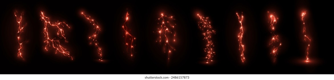 Light red isolated vector lightning png. Realistic natural red neon lightning effect Thunder storm. Strength Energy charge Thunder. Blitz Lightning Thunder Light Sparks Storm Flash	
