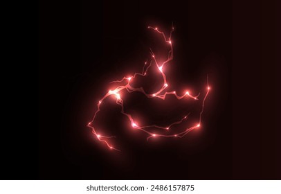 Vector aislado rojo claro rayo png. Efecto de rayo de neón rojo natural realista Tormenta de trueno. Fuerza Recargo de energía Trueno. Luz del rayo de Blitz Thunder enciende destello de tormenta	
