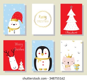 Light red pink gold love christmas greeting card with cat penguin and gift box