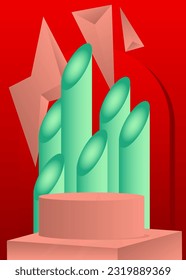 Light red, pink, red and turquoise cylinder pedestal podium. Mockup product display for presentation. Vector 3D stage showcase. Abstract minimal geometric forms, empty scene.