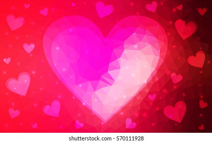 Light Red, Pink vector love background with heart. Paper note. Valentine's greeting polygonal card. Triangular illustration for your business. Stock template for your design.