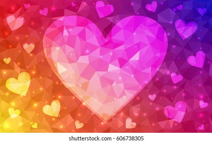 Light Red, Pink, Yellow vector abstract glitter heart shape on white background in love concept for valentine's day with sweet and romantic moment. Polygonal design for your business.