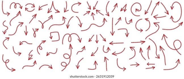 Light red sketch arrows set horizontal hand drawn flow direction collection, Flat Illustration

