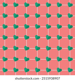 Light red square with green hearts seamless pattern.Grid with heart repeat pattern.Geometric vector graphic background.Christmas and valentine background wallpaper.