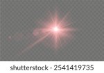Light red star. Light sunny sparkle. Red light flash white. Vector illustrator. lighting effects. Beam a spotlight and a star with bokeh and dust. Glowing abstract isolated lenses light effects.