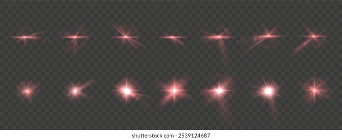 Light red star. Light sunny sparkle. Red light flash white. Vector illustrator. lighting effects. Beam a spotlight and a star with bokeh and dust. Glowing abstract isolated lenses light effects.