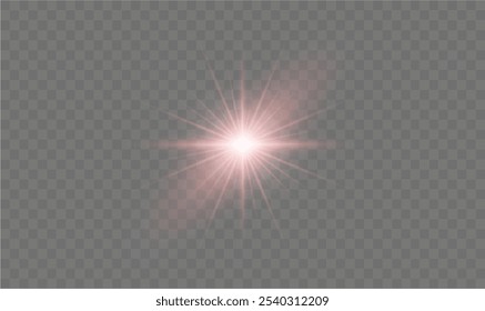 Light red star. Light sunny sparkle. Red light flash white. Vector illustrator. lighting effects. Beam a spotlight and a star with bokeh and dust. Glowing abstract isolated lenses light effects.