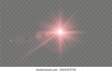 Estrela vermelha clara. Brilho ensolarado claro. Luz vermelha flash branca. Ilustrador de vetor. efeitos de iluminação. Transmita um holofote e uma estrela com bokeh e poeira. Lentes isoladas abstratas brilhantes efeitos de luz.