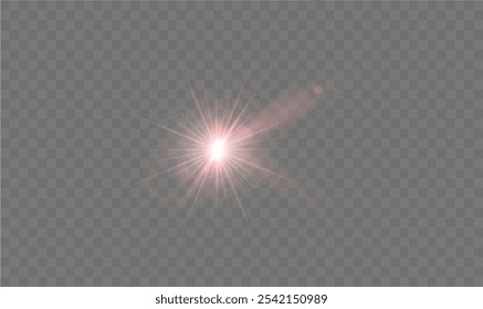 Light red star. Light sunny sparkle. Red light flash white. Vector illustrator. lighting effects. Beam a spotlight and a star with bokeh and dust. Glowing abstract isolated lenses light effects.