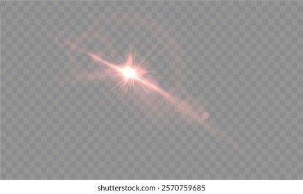 Light RED star. Light sunny sparkle. Red light flash white. Vector illustrator. lighting effects. Beam a spotlight and a star with bokeh and dust. Glowing abstract isolated lenses light effects.	