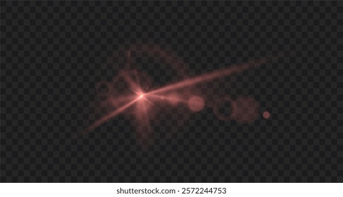 Light RED star. Light sunny sparkle. Red light flash white. Vector illustrator. lighting effects. Beam a spotlight and a star with bokeh and dust. Glowing abstract isolated lenses light effects.	
