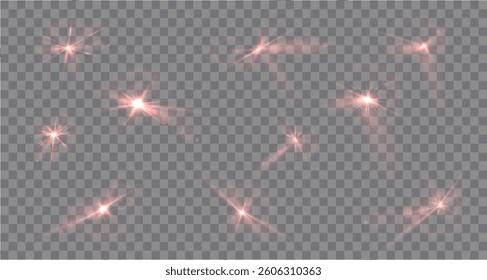 Light red star. Light sunny sparkle. Red light flash white. Vector illustrator. lighting effects. Beam a spotlight and a star with bokeh and dust. Glowing abstract isolated lenses light effects.