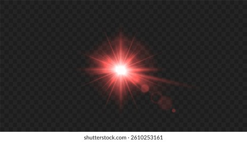 Light RED star. Light sunny sparkle. Red light flash white. Vector illustrator. lighting effects. Beam a spotlight and a star with bokeh and dust. Glowing abstract isolated lenses light effects.	
