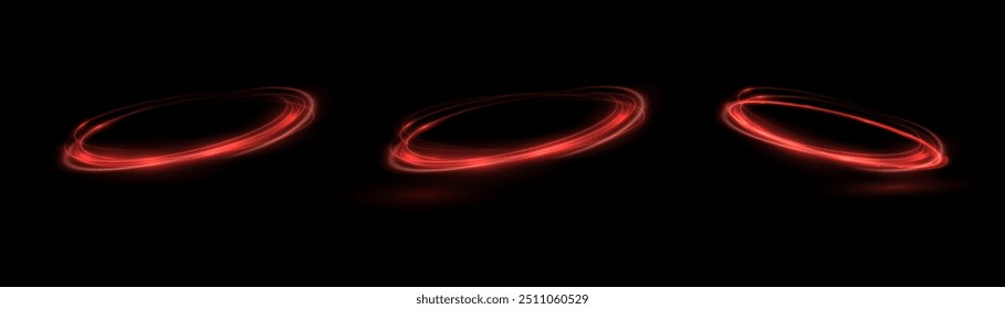 Giro rojo claro. Efecto de luz de curva de línea roja. Círculo rojo brillante. Sendero de luz roja, vórtice, velocidad de la onda, pedestal de giro de línea de traza, podio, plataforma, mesa. Vector.