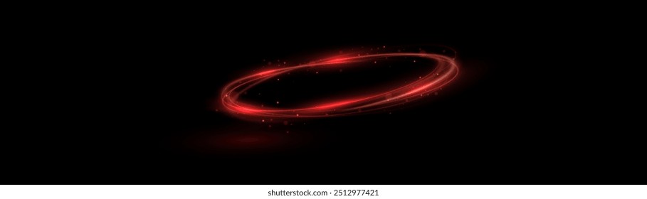 Giro rojo claro. Efecto de luz de curva de línea roja. Círculo rojo brillante. Sendero de luz roja, vórtice, velocidad de la onda, pedestal de giro de línea de traza, podio, plataforma, mesa. Vector.