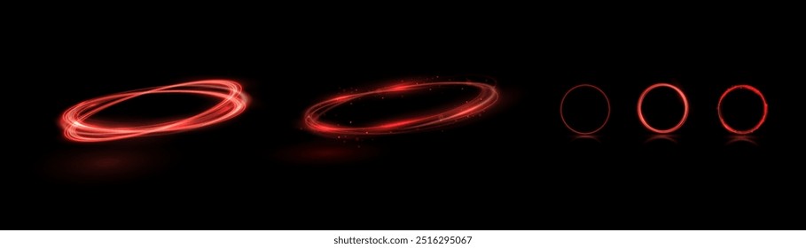 Giro rojo claro. Efecto de luz de curva de línea roja. Círculo rojo brillante. Sendero de luz roja, vórtice, velocidad de la onda, pedestal de giro de línea de traza, podio, plataforma, mesa. Vector.