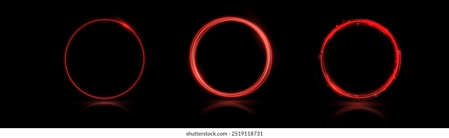 Giro rojo claro. Efecto de luz de curva de línea roja. Círculo rojo brillante. Sendero de luz roja, vórtice, velocidad de la onda, pedestal de giro de línea de traza, podio, plataforma, mesa. Vector.