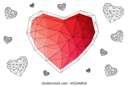 Light Red vector abstract glitter heart shape on white background in love concept for valentine's day with sweet and romantic moment. Polygonal design for your business.