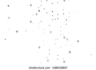 Light Red vector background with cards signs. Colorful gradient with signs of hearts, spades, clubs, diamonds. Template for business cards of casinos.