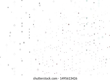 Light Red vector background with cards signs. Illustration with set of hearts, spades, clubs, diamonds. Design for ad, poster, banner of gambling websites.