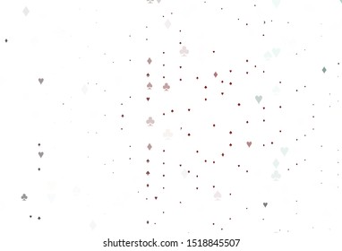 Light Red vector background with cards signs. Glitter abstract sketch with isolated symbols of playing cards. Smart design for your business advert of casinos.
