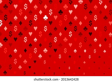 Light red vector background with cards signs. Glitter abstract sketch with isolated symbols of playing cards. Pattern for ads of parties, events in Vegas.
