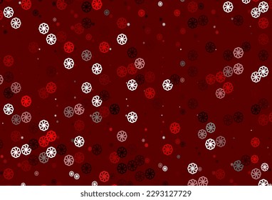 Fondo vectorial rojo claro con copos de nieve de Navidad. Ilustración de colores brillantes con nieve al estilo navideño. El patrón se puede usar para anuncios de año nuevo, folletos.